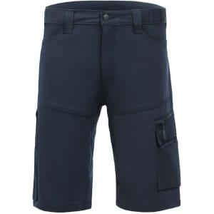 Navy blue trade shorts with multiple pockets and a zippered compartment. Features a logo on the waist.
