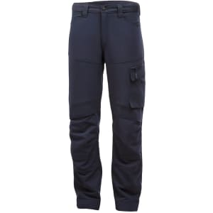 Dark navy trade pants with multiple pockets and a fitted design. Features stitching detailing and a logo.