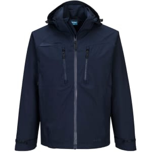 A navy rain jacket featuring a hood, zippered pockets, and a logo on the chest.