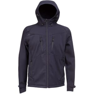 A navy softshell jacket with a hood, featuring zippered pockets and a sleek design. It has a logo on the front.