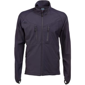 A dark navy lightweight mid-layer jacket with zip pockets and a collar. It features a logo on the upper section.