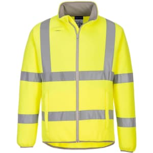 A bright yellow fleece jacket with reflective stripes and a zip front, featuring a collar and a logo.