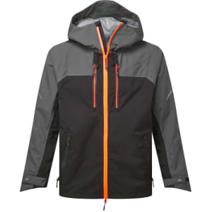 A black and grey shell jacket with an orange zipper and accents, featuring a hood and multiple pockets.