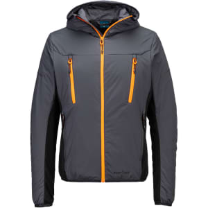 A grey insulated hybrid jacket with orange zippered pockets and a hood, featuring a logo on the front.