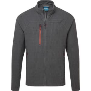 A textured fleece jacket in grey with a zippered front and contrasting orange zip detail. It features two side pockets and a branding logo.