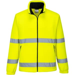 A bright yellow polar fleece jacket featuring reflective stripes and a high collar, with a logo on the chest.