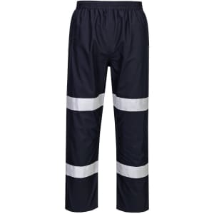 Navy lightweight packable trousers with reflective white stripes and an elasticated waistband. Branding is visible on the garment.