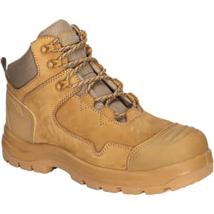 Tan and brown mid boots featuring a sturdy design, with laces and a logo on the side. Ideal for rugged use.