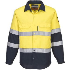 A high-visibility shirt featuring yellow and navy blue colours with reflective stripes, equipped with buttons and pockets.