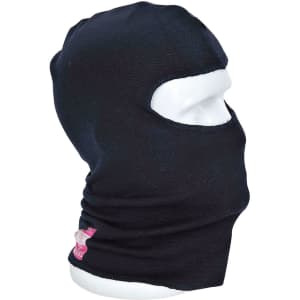 A black balaclava displayed on a white mannequin head, featuring a logo on the side.