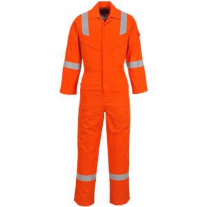An orange FR antistatic coverall with reflective strips, designed for safety wear uniforms, featuring a logo.
