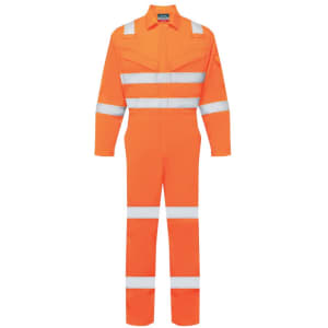 An orange coverall featuring reflective strips, suitable for workwear. It has a logo on the front.