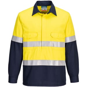 A two-tone work shirt featuring a yellow upper section and navy blue lower section with reflective stripes.
