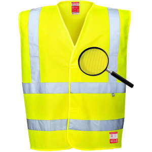 A high-visibility yellow work vest featuring reflective stripes and a logo. Perfect for safety in various environments.