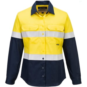 A high-visibility shirt featuring yellow and dark navy with reflective stripes and a logo on the chest.