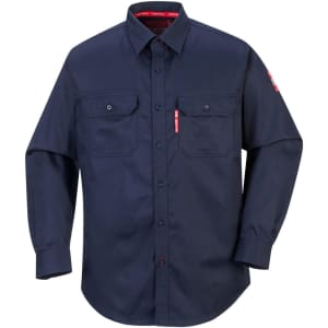 A navy blue long-sleeve work shirt featuring two chest pockets and a logo on the sleeve.