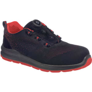 A black and red safety trainer featuring a breathable upper and a logo, designed for protective footwear.