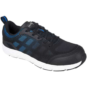A pair of black and blue trainers with a mesh upper and white sole. Features branding on the side.