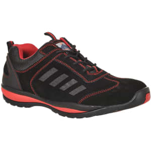 A pair of black and red safety shoes featuring a suede finish and reflective detailing. The shoes have a logo on them.