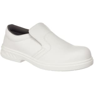 A white slip-on safety shoe with a smooth finish and a black interior, featuring a logo on the side.