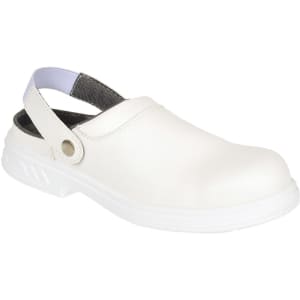 A white safety clog with a back strap and textured sole, featuring a logo on the side.