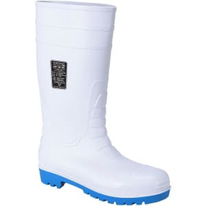 A white safety Wellington boot with a blue sole and an attached logo.