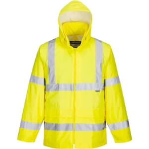 A bright yellow Hi-Vis rain jacket with reflective stripes and a hood, featuring a logo on the front.