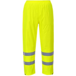 Hi-Vis rain trousers in bright yellow with reflective silver stripes. Features an elasticised waistband and a logo.