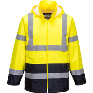 A bright yellow work jacket with reflective stripes and a hood, featuring a black bottom section and a logo.