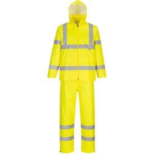 A bright yellow packaway rain suit with reflective stripes, including a hood and matching trousers.
