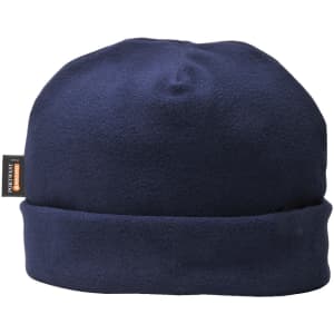 A navy fleece beanie featuring a rolled cuff and a branding label. Ideal for warmth and comfort.