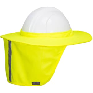 A high-visibility yellow full brim shade with reflective strips, designed to attach to a hard hat.