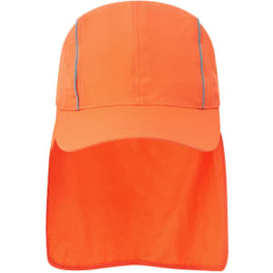 An orange sun cap with a wide brim and a neck flap, featuring stitching details and a logo.