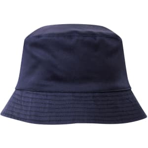 A reversible bucket hat in navy blue, featuring a branding logo. The hat has a wide brim and a soft fabric texture.