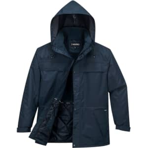 A dark navy puffer jacket with a hood, featuring a front zip and several pockets, and a logo inside.