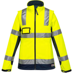 A high-visibility softshell jacket in neon yellow, featuring navy accents and reflective stripes. It has a front zipper and a logo.