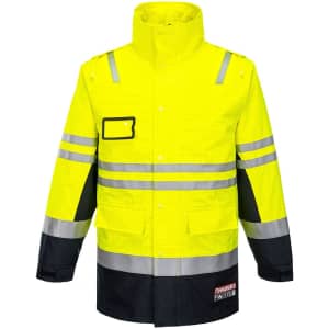 A fluorescent yellow safety jacket with reflective stripes and dark navy accents, featuring pockets and a logo.