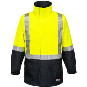 A hi-vis jacket featuring bright yellow and navy blue colours, with reflective strips and a collar. It has a logo.