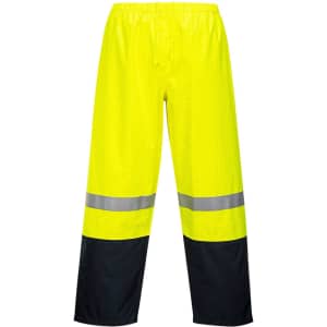 Bright yellow waterproof pants with reflective stripes and dark navy sections at the bottom. Includes an elastic waistband.
