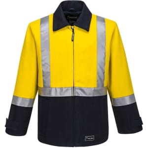 A bright yellow and navy blue work jacket featuring reflective strips and a logo. Ideal for workwear applications.