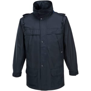A dark blue classic jacket with a high collar, multiple pockets, and adjustable features. It has a logo on it.