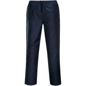 Packable pants in navy blue with an elastic waistband and drawstring. Features a simple design and a logo.