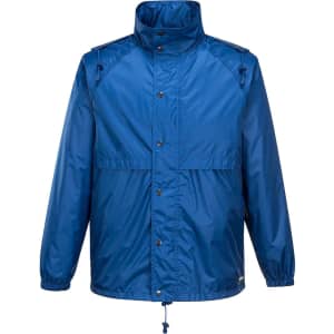 A blue packable jacket with a high collar and adjustable cuffs, featuring a logo on the front.