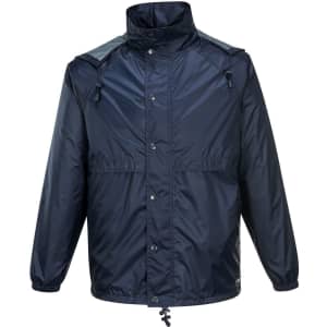 A navy packable jacket featuring a zip and snap front closure, adjustable drawstring, and logos on the chest.