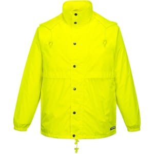 A vibrant yellow packable jacket with a collar and snap buttons, featuring a logo on the lower front.