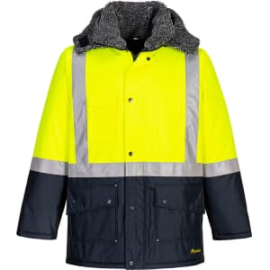 A bright yellow work jacket with black lower panels and reflective strips. It features a plush collar and has a logo.