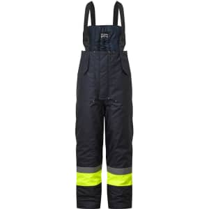 A black insulated bib and brace featuring high-visibility yellow stripes, equipped with adjustable straps and pockets.