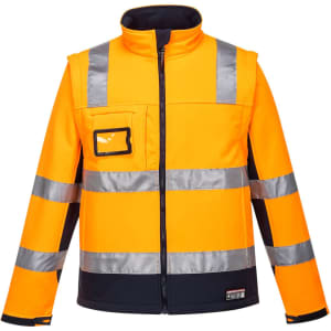 A bright orange softshell jacket with reflective stripes and a front pocket, featuring a logo.