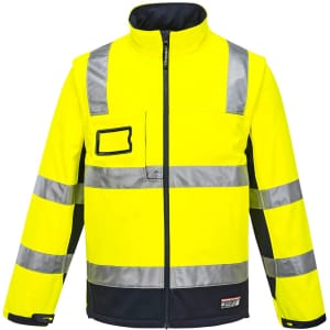 High-visibility softshell jacket in yellow with reflective stripes and a front pocket, featuring branding.