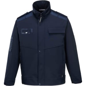 A navy Warden Softshell Jacket with multiple pockets and a collar. It features branding but no visible text.